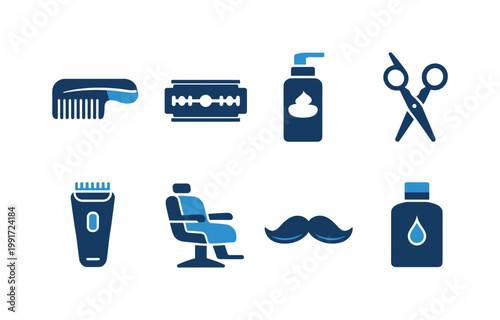 Minimal barbershop and grooming icons set featuring comb, razor blade, shaving foam, scissors, trimmer, barber chair, moustache, and aftershave