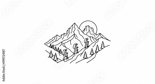Three hikers ascend a mountain path with trees and a sun disk behind peak