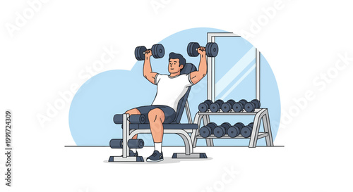 Male athlete performing seated dumbbell shoulder press exercise.