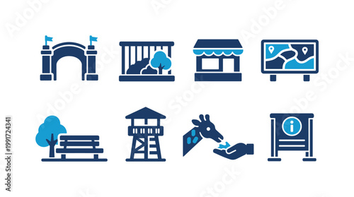 Set of blue flat icons depicting zoo attractions and visitor amenities including entrance gate, animal cage, kiosk, map sign, bench, tower, feeding, and noticeboard