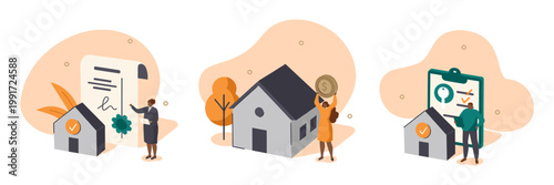 Real estate transactions and home ownership with houses and documents for sale property ownership transaction document contract illustration agreement architecture building business