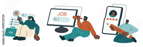 Concept illustration for job search resume and online application process application computer smartphone checklist calendar business employment recruitment resources illustration strategy