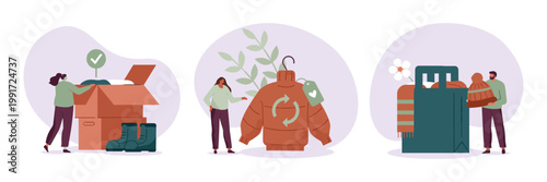 Clothing donation and recycling concept with people sorting items into boxes and garments with recycling symbol eco friendly second hand worn out circular economy hand me down sustainable living