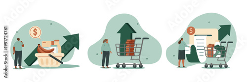 Economic growth and rising prices concept with stock market charts shopping carts rising dollar signs shopping cart market trends economic indicator crisis boom business