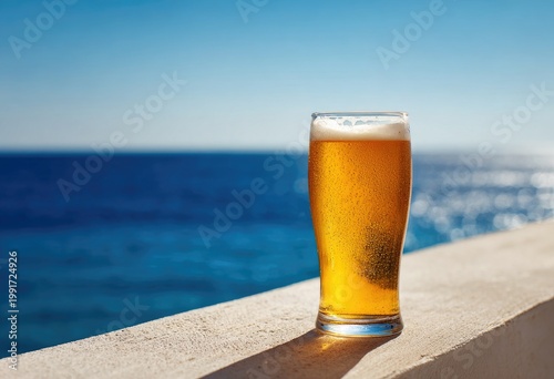 Chilled beer in glass on wall, bright blue ocean view in background, sunny day