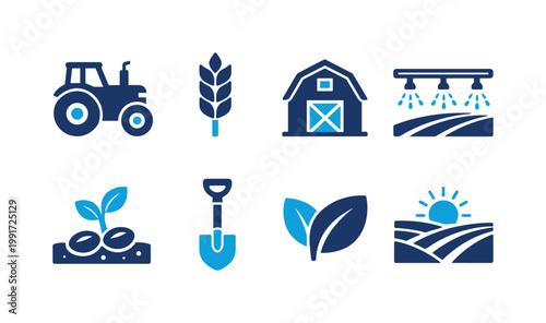 Set of modern agriculture and farming icons featuring tractor, wheat, barn, irrigation sprinkler, seedlings, shovel, leaves, and sunrise over fields