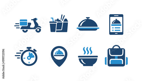 Set of flat delivery and restaurant service icons showing scooter courier, takeout bag, covered dish, mobile app order, timer, location pin, soup bowl, and backpack