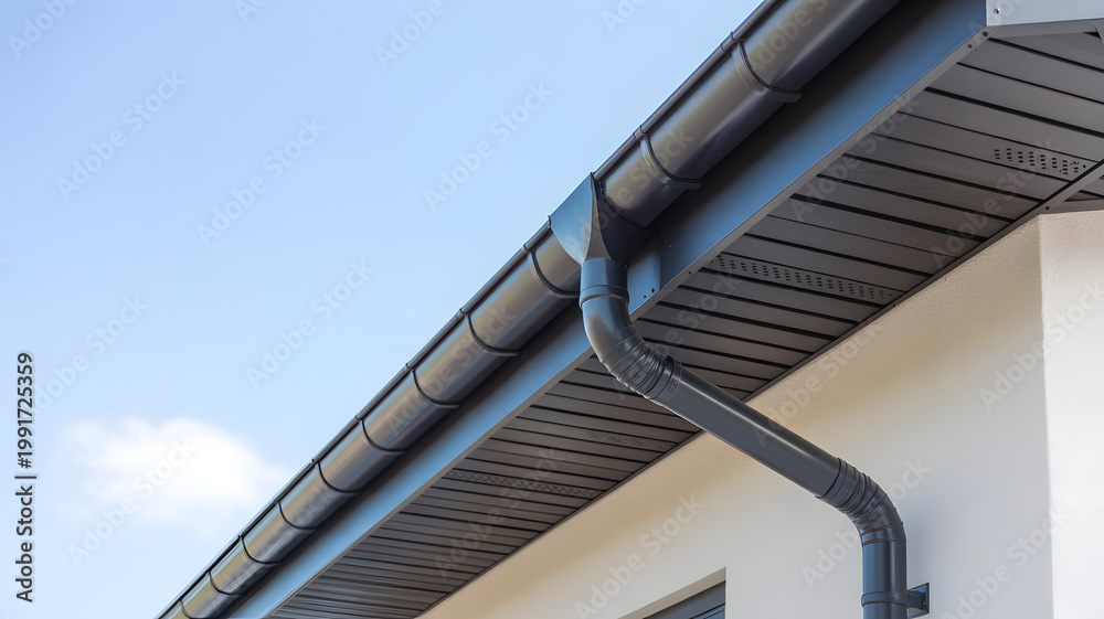 Naklejka premium A modern house with a black gutter system on a clear blue sky background on transparent background