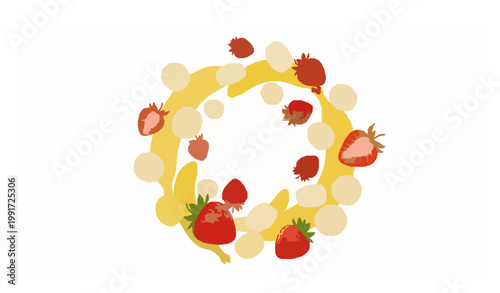 Realistic 3D fruit swirl vector with banana slices and strawberries dynamic composition isolated on white