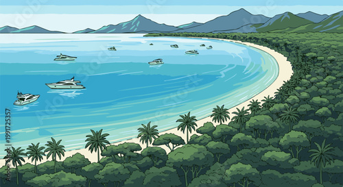 Tropical bay with yachts moored in clear blue water, lush green jungle