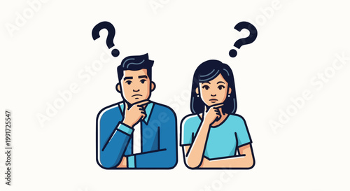 Two people are thinking with question marks above their heads