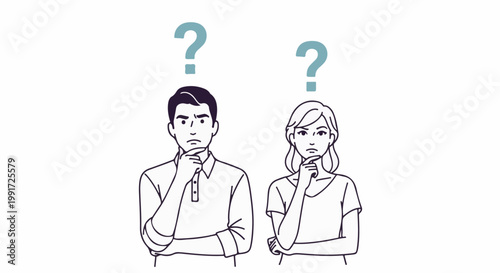 Two people, a man and a woman, are shown thinking with question marks above their heads