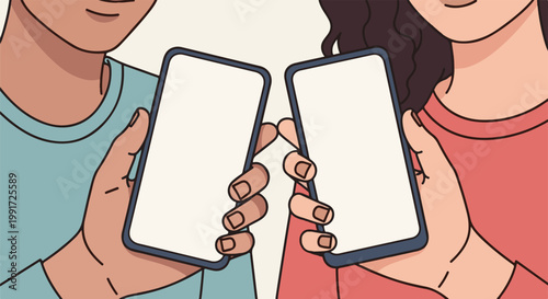 Two people holding phones towards each other, blank screens
