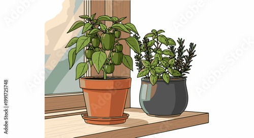 Two potted plants, one with green peppers, sit on a windowsill
