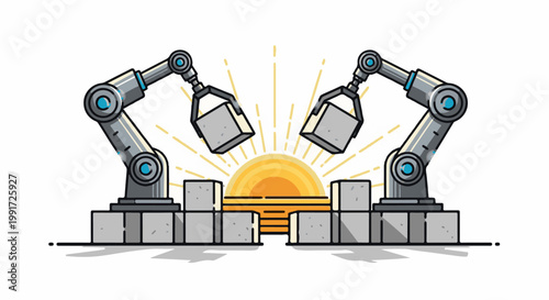 Two robotic arms greet a stylized sunrise over concrete blocks