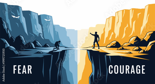 Two figures stand on opposite sides of a chasm, one in fear, one in courage