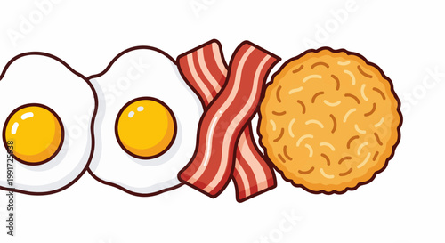 Two fried eggs, crossed bacon strips, and a hash brown patty
