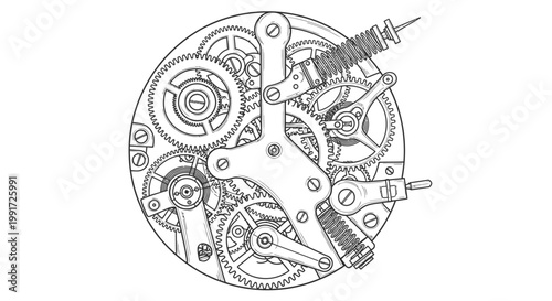 Intricate clockwork mechanism illustration isolated on white background