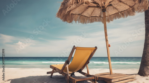 Beach chair holiday poster with a pair of chairs, celebrating seaside relaxation, tranquility, and timeless vacation charm.