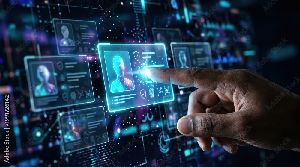 Obraz premium Finger selecting digital ID card profile on identity verification dashboard. Digital identity verification concept.