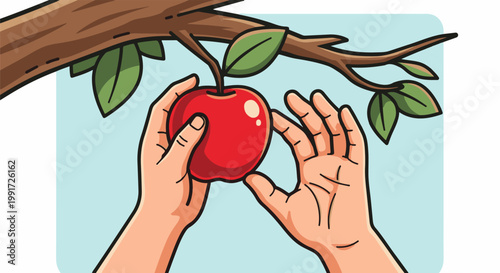 Two hands reaching to pick a red apple from a tree branch