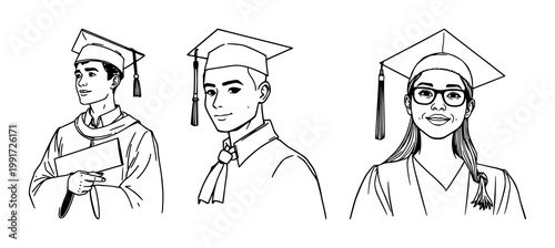 Diploma and certificate layouts set with clean black line art and white background featuring educational, award, document with graduation cap and graduate silhouette