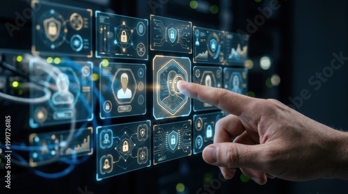 Finger tapping identity verification tile on multi panel security dashboard. Digital identity verification concept.