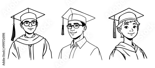 Diploma and certificate layouts set with clean black line art and white background featuring educational, award, document with graduation cap and graduate silhouette