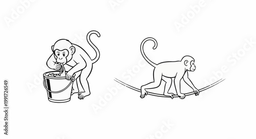 Two cartoon monkeys, one drinking from a bucket, one balancing on ropes