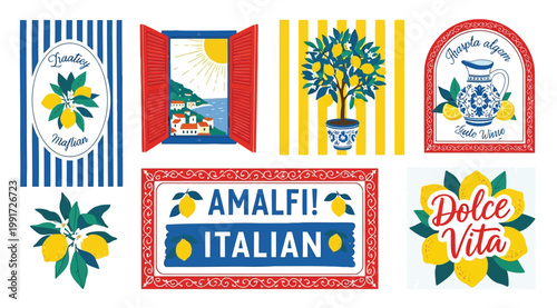 Italian amalfi coast themed illustration set with lemons lemon tree window view pitcher and dolce vita typography in vibrant colors