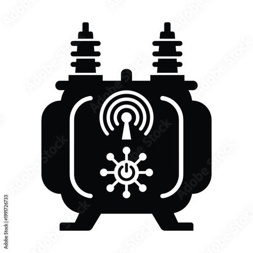 Black silhouette of an electrical transformer with radio waves and power symbol energy