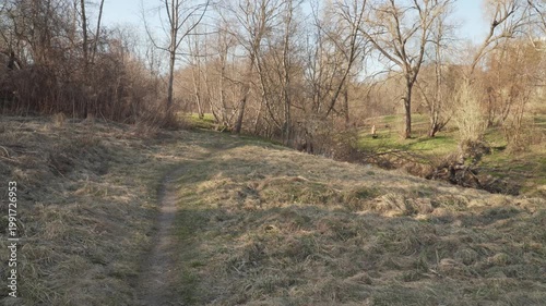A narrow dirt path winds through a sunlit meadow of dry grass towards a distant line of bare trees. A senior woman is seen walking her dog along the riverbank on a clear, sunny day. 