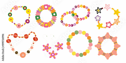 Colorful beaded necklaces and bracelets arranged on a white background