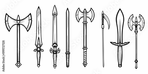 A collection of vintage weapons including swords axes and polearms