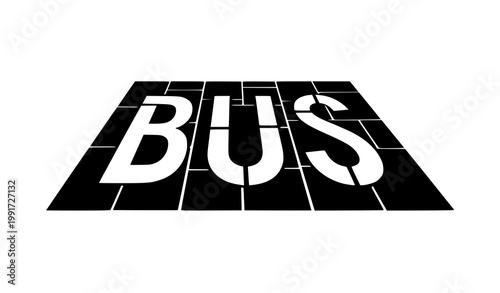 A vector illustration of bus lettering on the road in black isolated silhouette style. The composition shows road surface typography with stylized bus-related text elements integrated into the pavemen