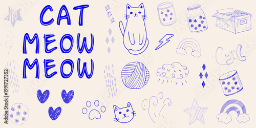 Playful sketch of a cat surrounded by whimsical doodles and lettering