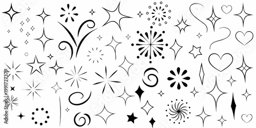 Collection of whimsical hand drawn stars hearts and sparkling decorative elements