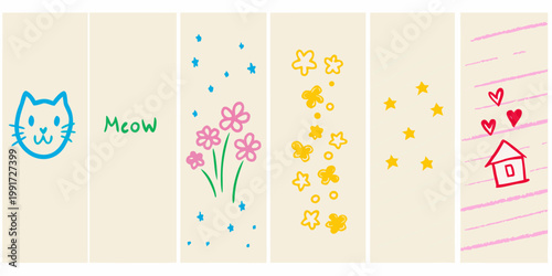 Colorful hand drawn illustrations on rectangular cream colored backgrounds