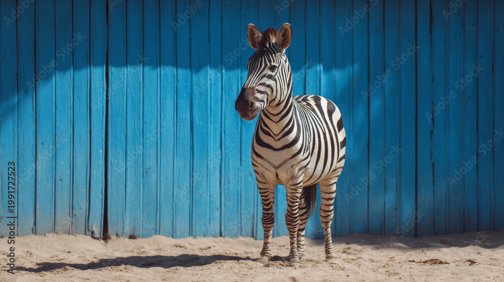 Fototapeta premium Zebra standing on sandy ground in front of blue wooden wall showcasing striking patterns and natural habitat elements