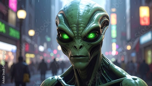 A green alien with glowing eyes stands in a bustling city