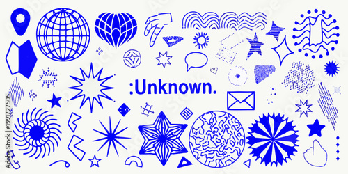 Konstfotografi Collection of blue doodle illustrations featuring globes stars and abstract shap