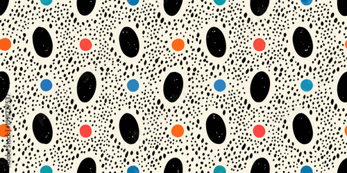 Abstract pattern with scattered black blue and orange shapes on beige