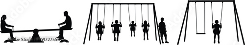 Children playground silhouettes with seesaw and swings, social interaction and isolation concept, childhood activity, outdoor play, friendship and loneliness illustration