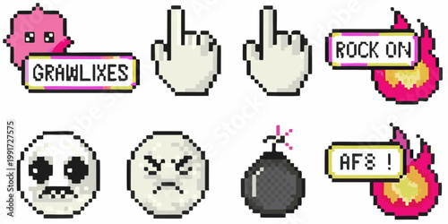 Collection of pixel art emoticons and expressive hand gestures