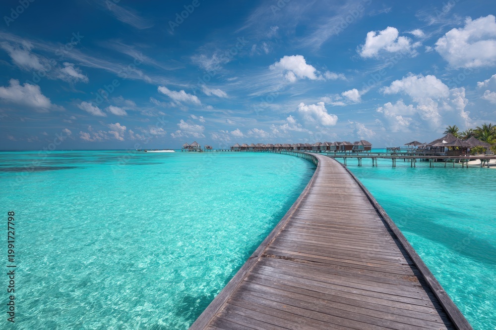 Fototapeta premium Wooden walkway leads to overwater bungalows in turquoise ocean under sky