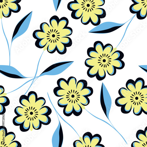 coquette seamless purple and yellow flowers pattern. Delicate petals and vibrant blossoms create an artistic and vintage botanical illustration. pastel flower seamless pattern