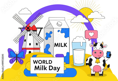 World Milk Day vector illustration, dairy farm concept with cute cow and milk carton, rural landscape with windmill and glass of milk