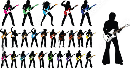 Collection of electric guitar player silhouettes with colorful instruments, rock musicians performing, music band poses, entertainment and live performance concept illustration