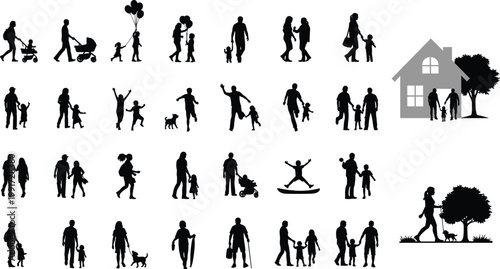 Collection of family silhouettes walking, parenting and daily activities, parent and child relationship concept, home lifestyle, love and care, black and white illustration set
