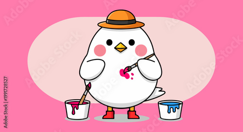 Kawaii bird artist vector illustration, cute white chick painting with brushes and paint buckets, creative hobby mascot character on pink background